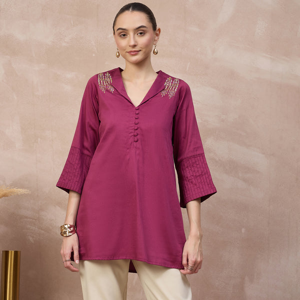 Plum Top for Women – Cotton Satin | First Resort by Ramola Bachchan
