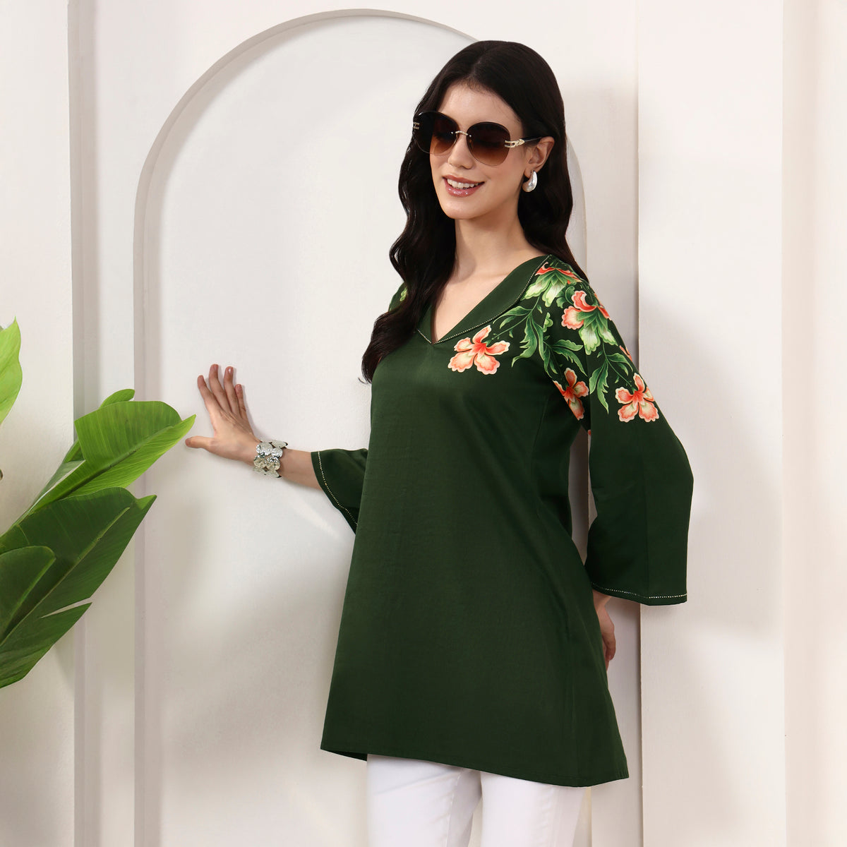 Green Floral Print Top for Women – Cotton Satin | First Resort by Ramola Bachchan