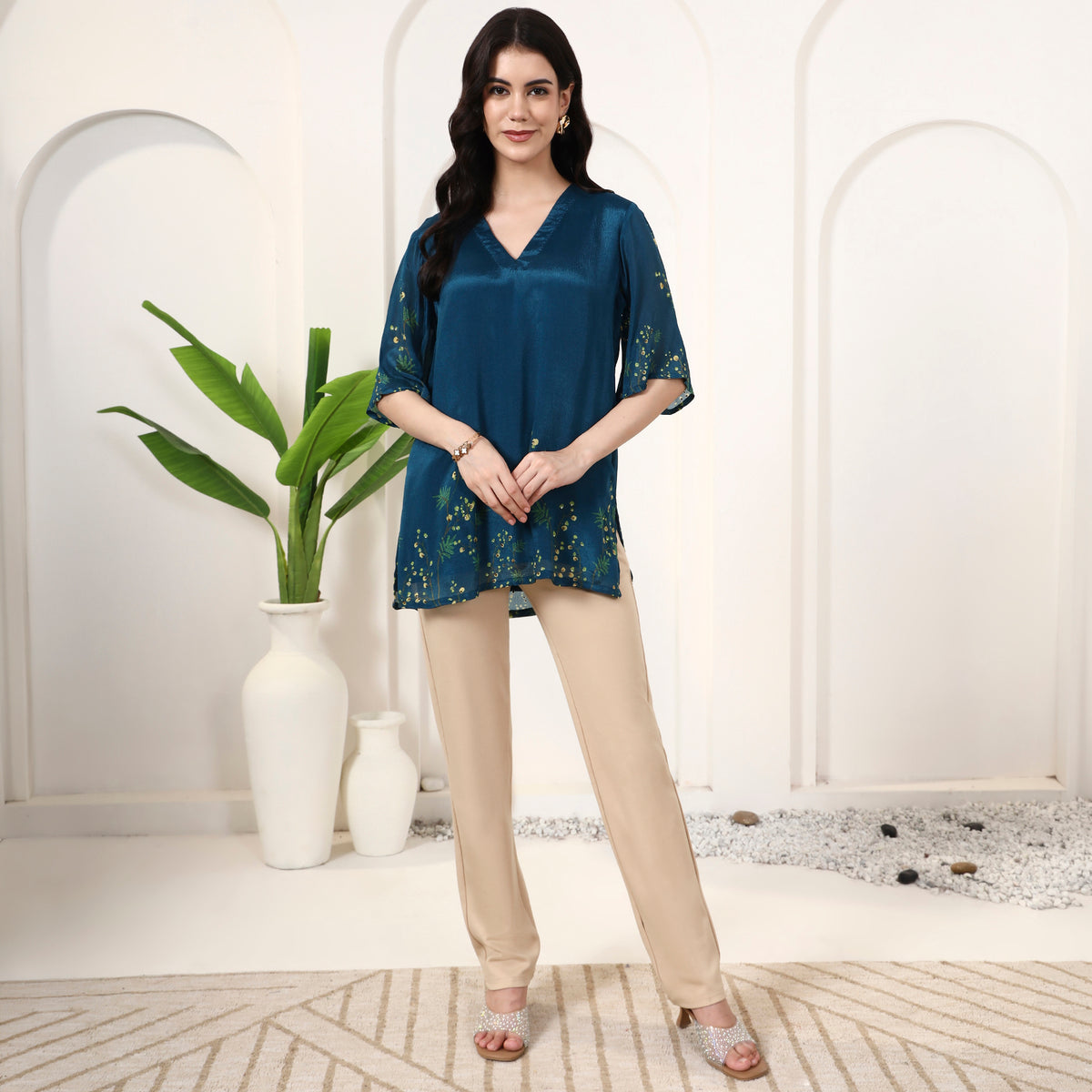 Teal Blue Floral Print Top for Women – Viscose Chinon Chiffon – Close Up | First Resort by Ramola Bachchan