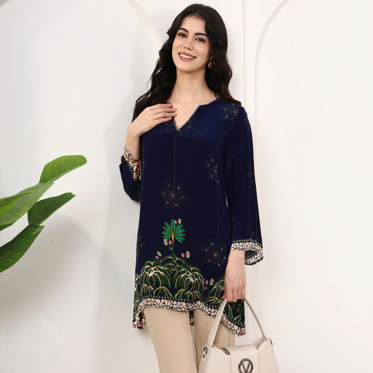 Blue Floral Print Top for Women – Viscose Crepe | First Resort by Ramola Bachchan