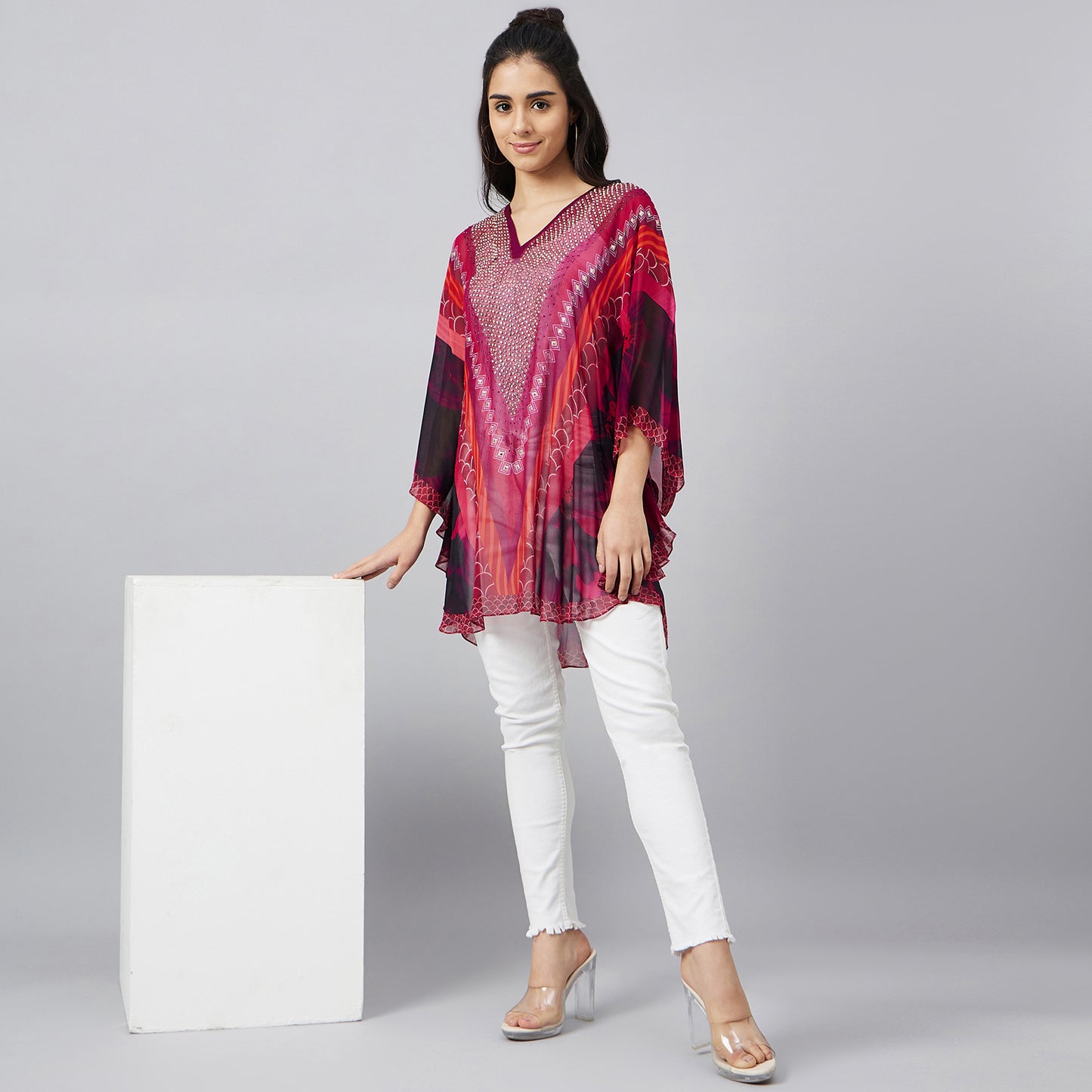Red Embellished Floral Tunic