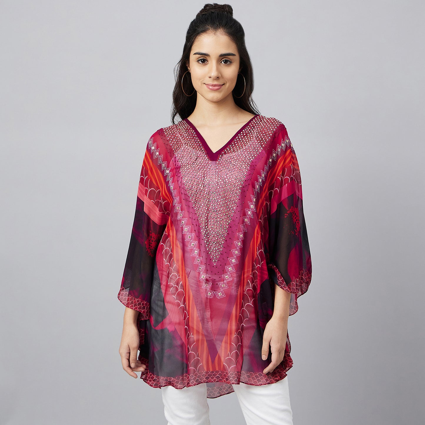 Red Embellished Floral Tunic