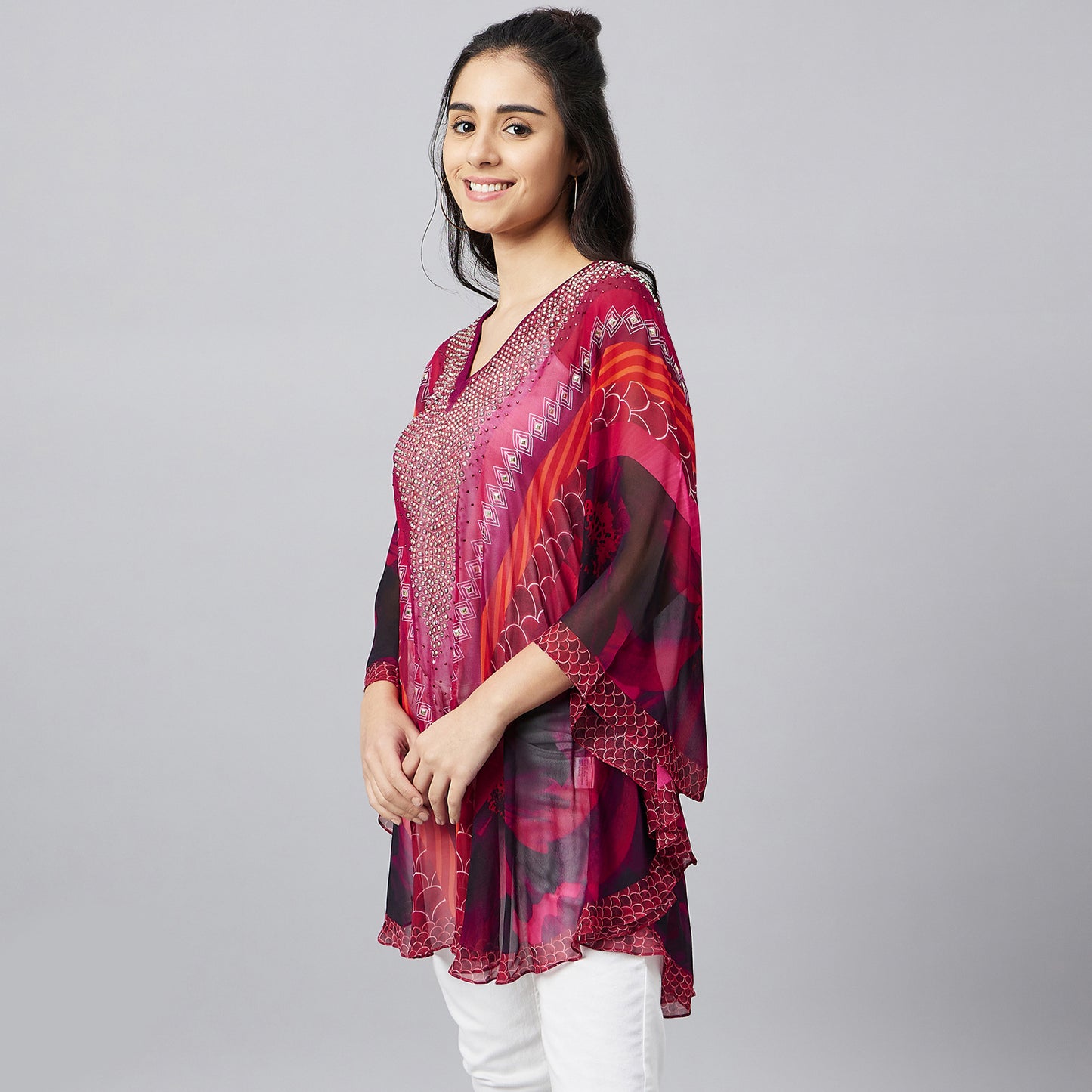 Red Embellished Floral Tunic