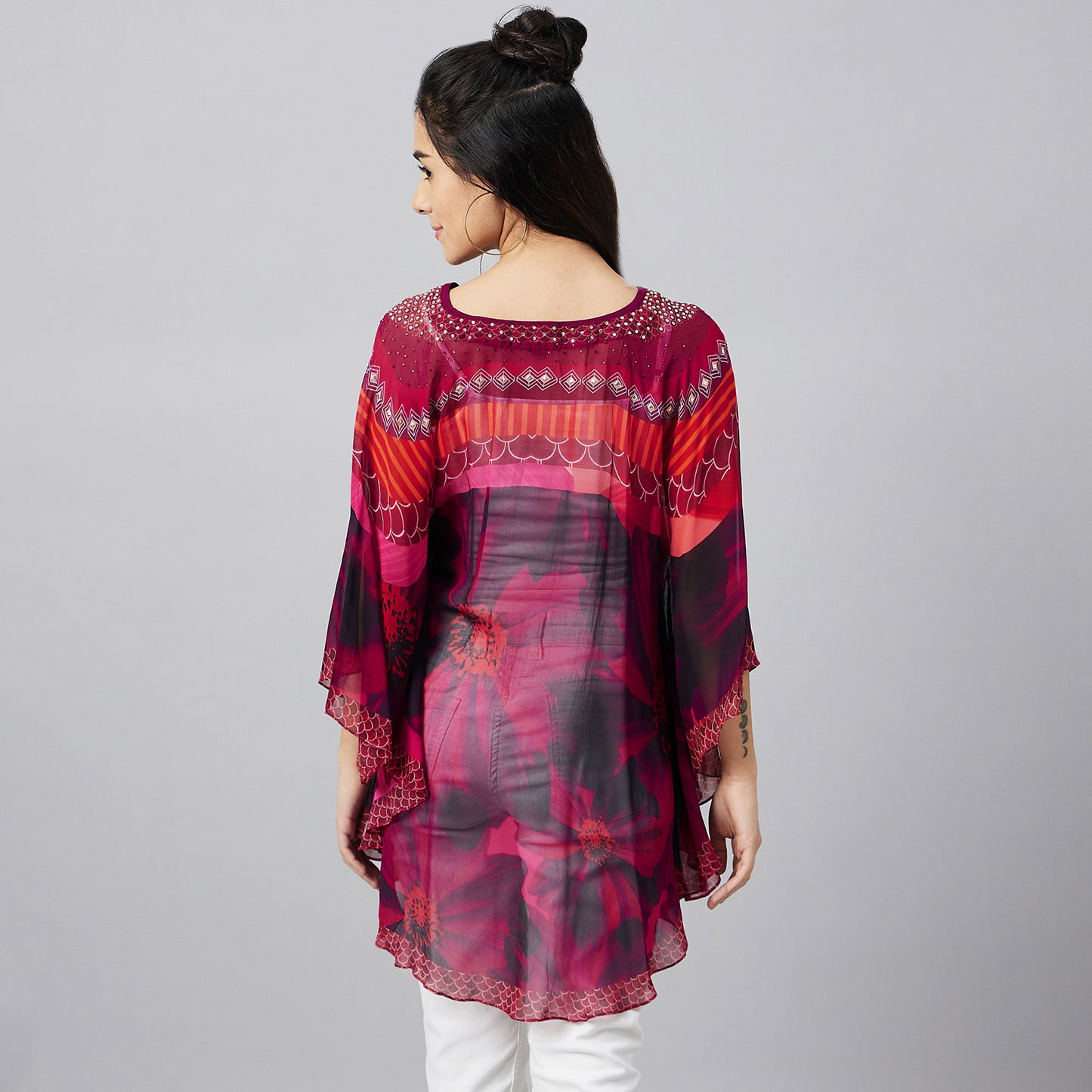 Red Embellished Floral Tunic