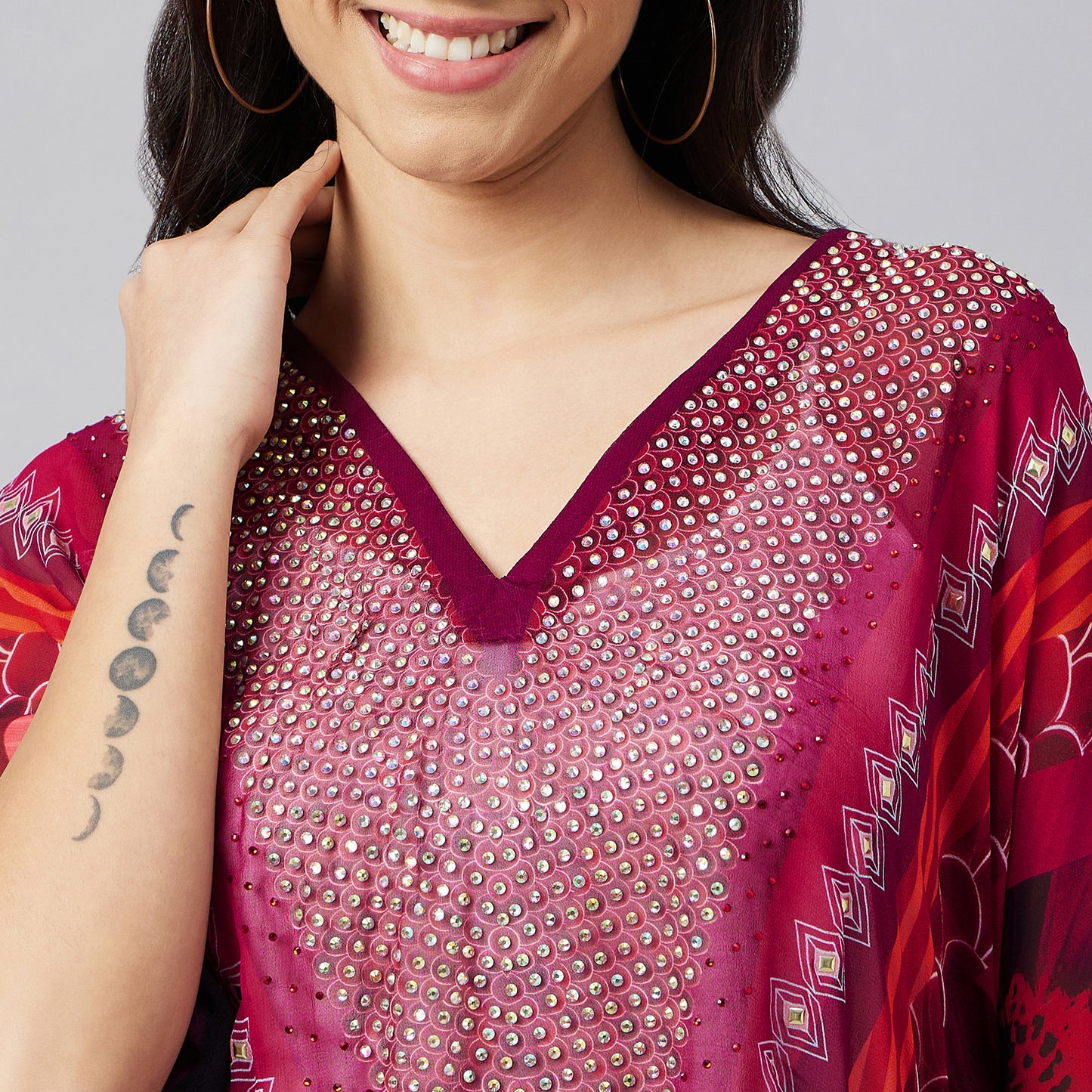 Red Embellished Floral Tunic