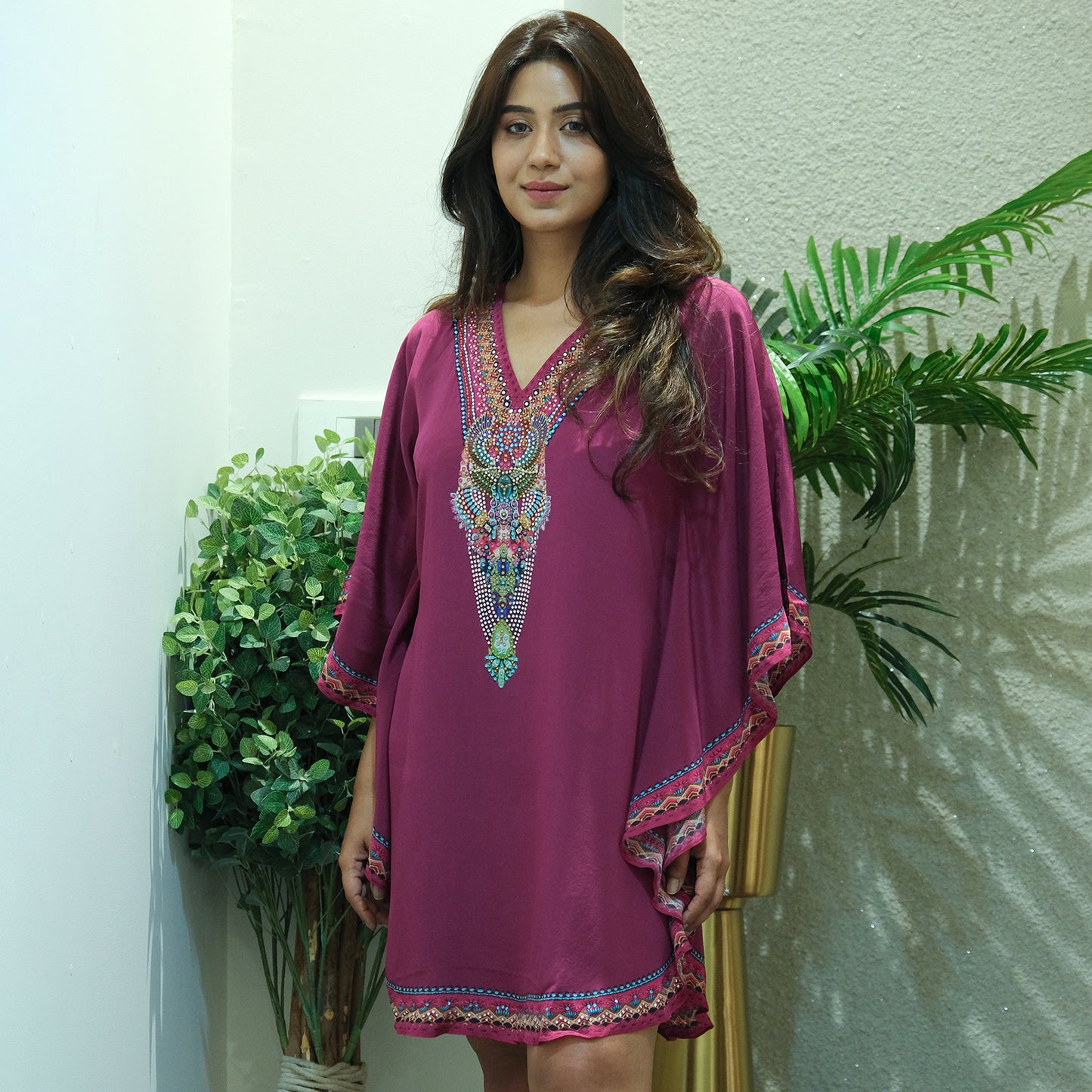 Wine Silk Embellished Tunic