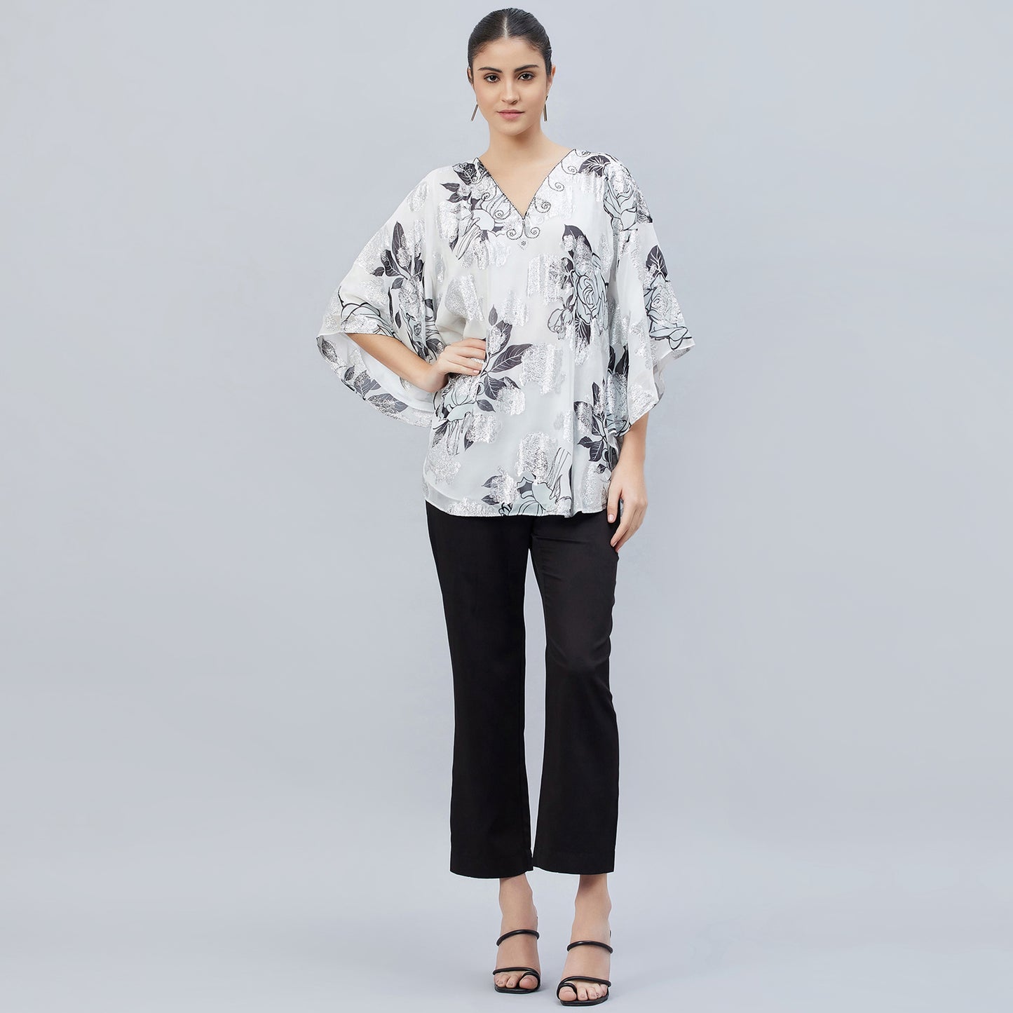 Black and White Floral Lurex Tunic