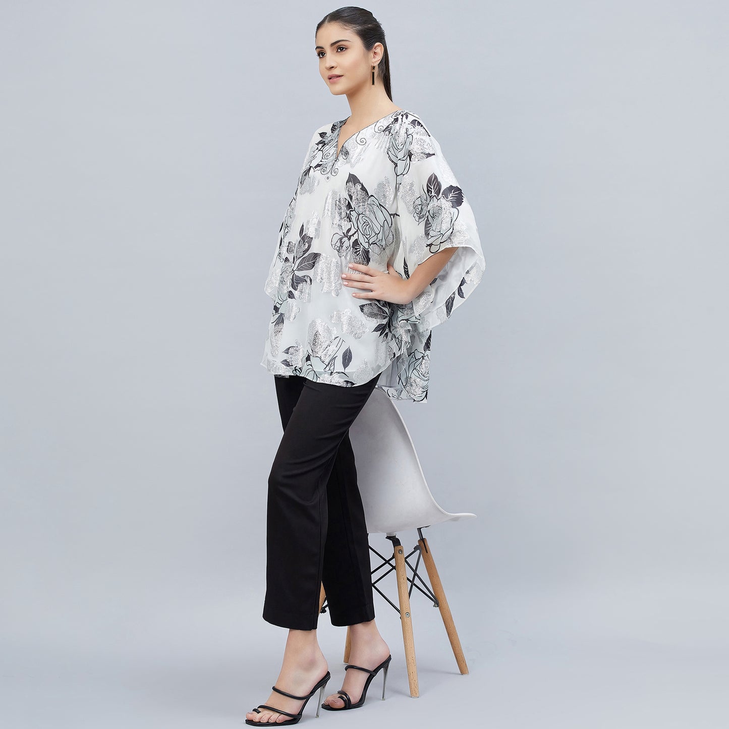 Black and White Floral Lurex Tunic