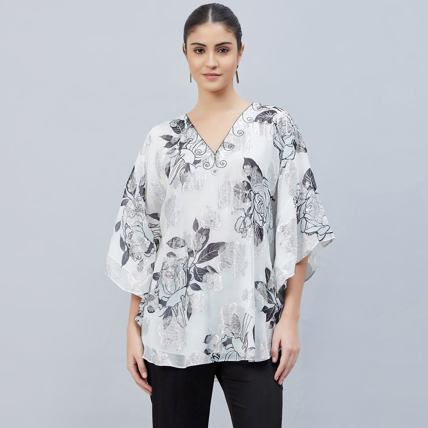 Black and White Floral Lurex Tunic