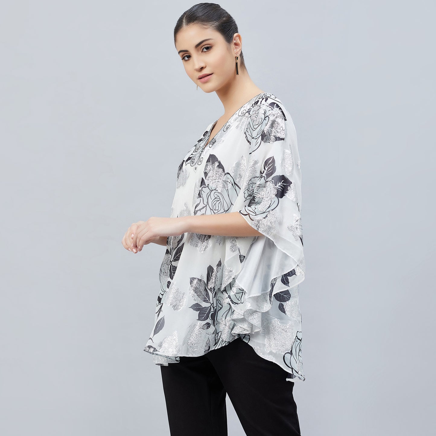 Black and White Floral Lurex Tunic