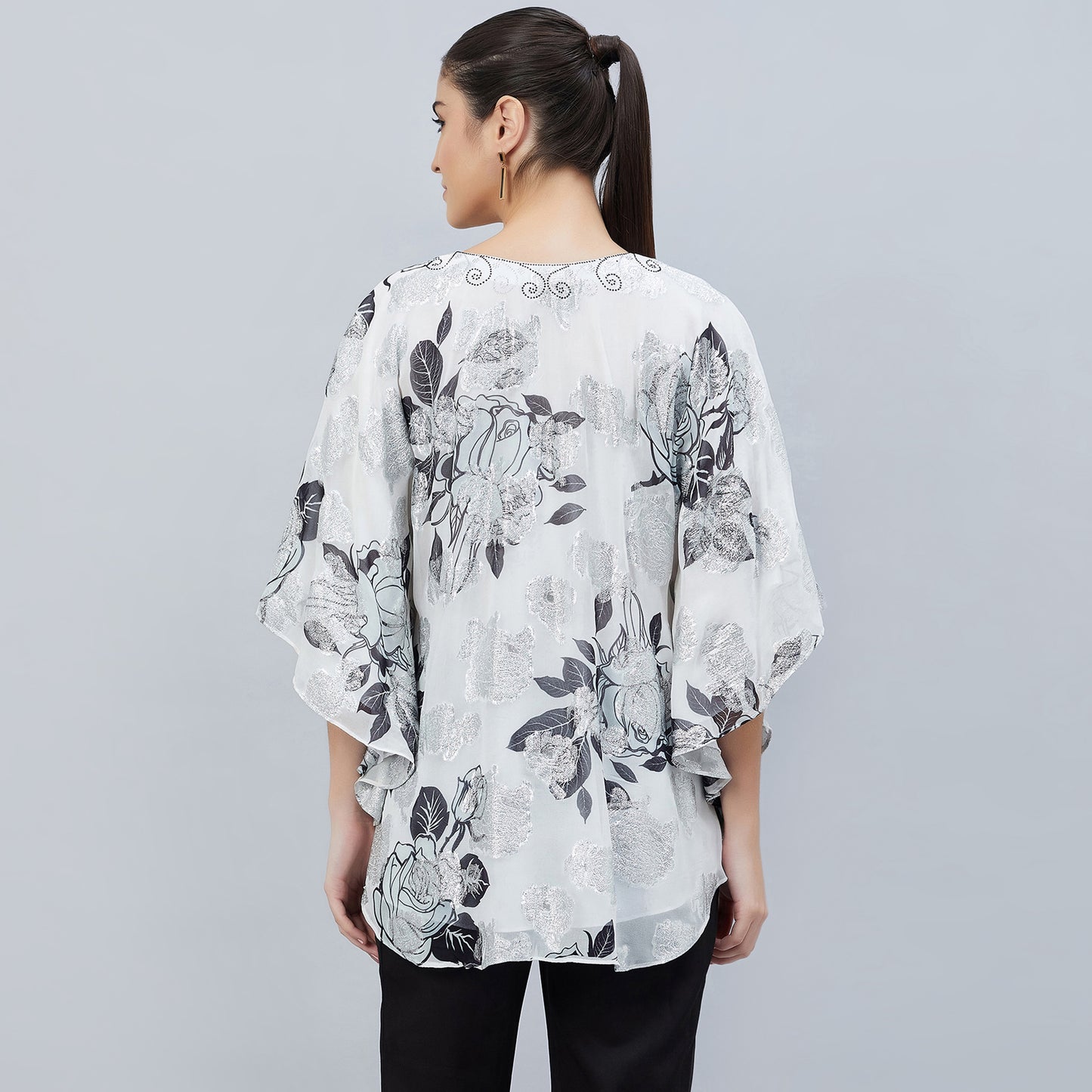 Black and White Floral Lurex Tunic