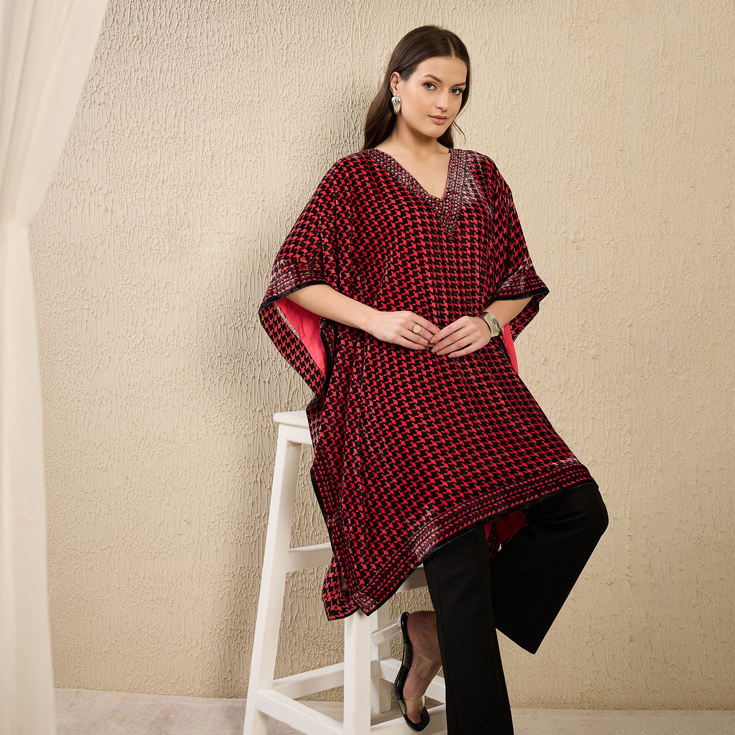 Crimson Crystal Embellished Houndstooth Silk Velvet Tunic
