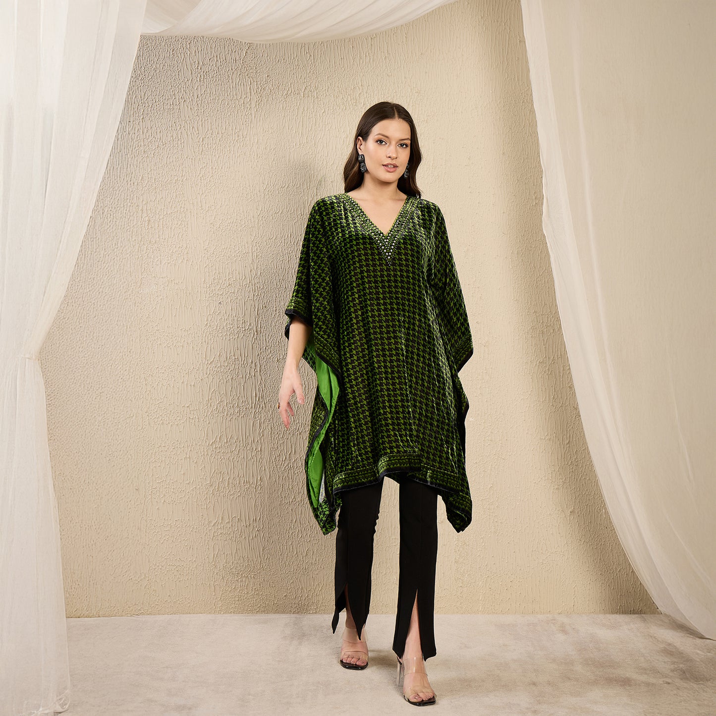 Green Crystal Embellished Houndstooth Silk Velvet Tunic