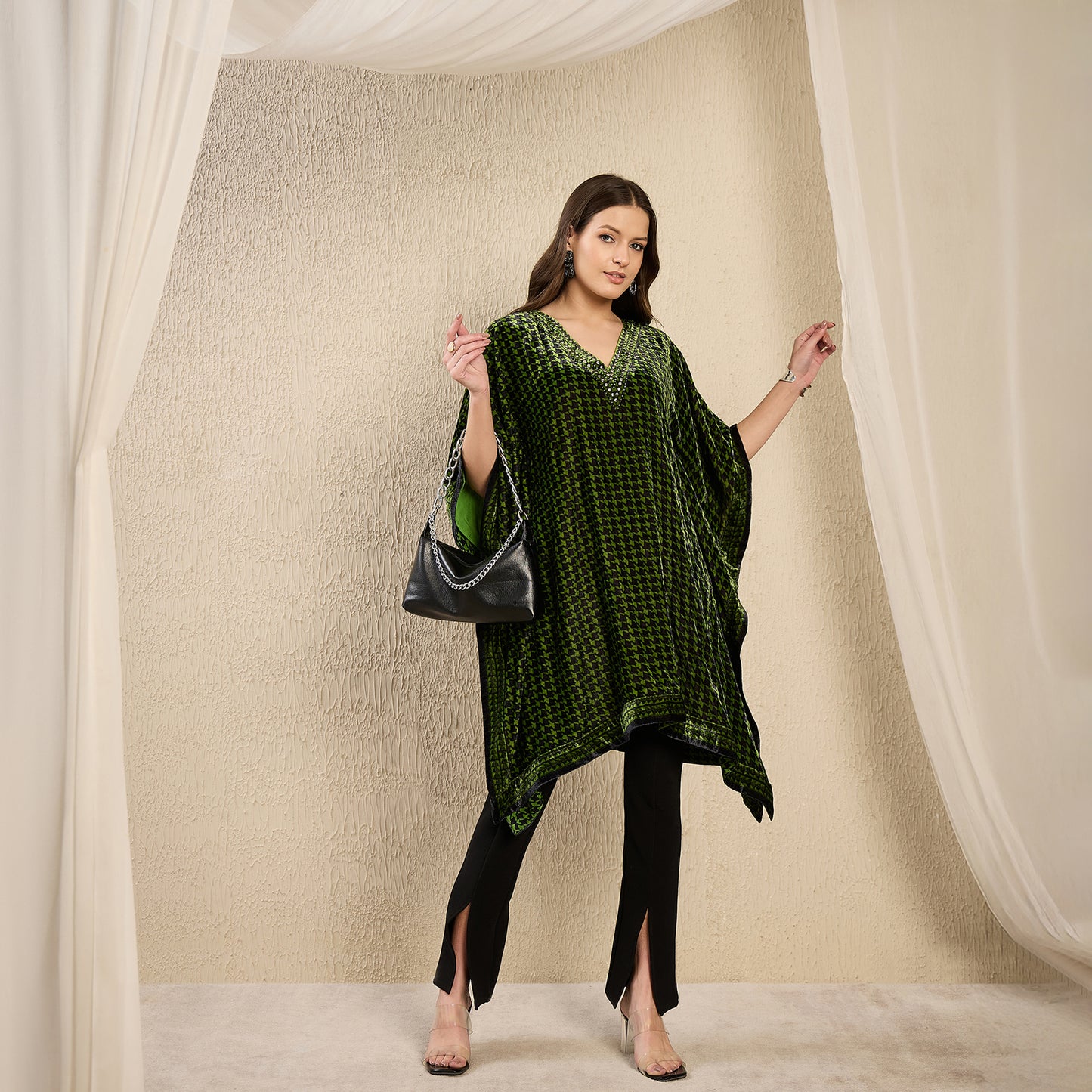 Green Crystal Embellished Houndstooth Silk Velvet Tunic