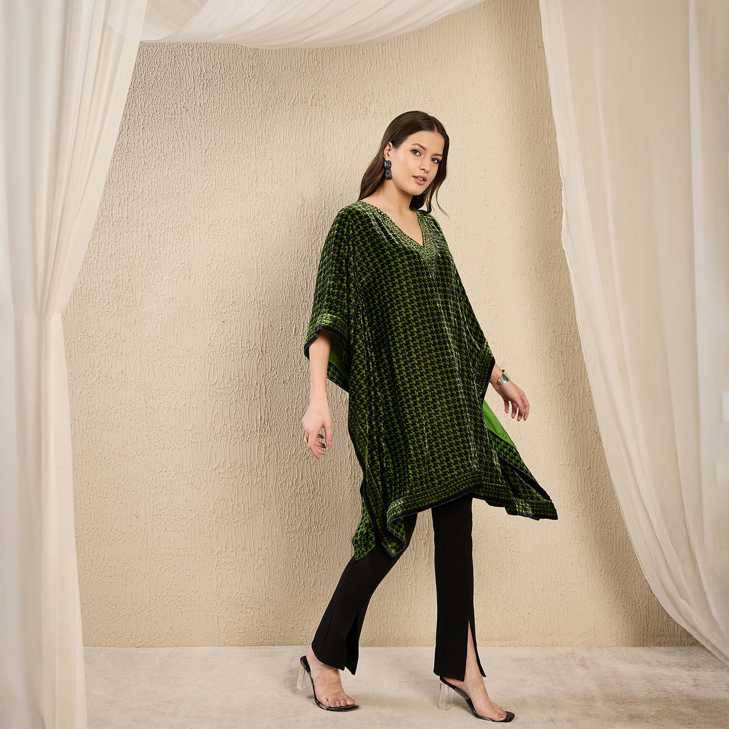 Green Crystal Embellished Houndstooth Silk Velvet Tunic