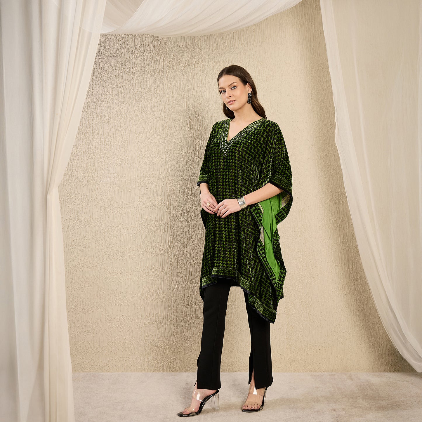 Green Crystal Embellished Houndstooth Silk Velvet Tunic