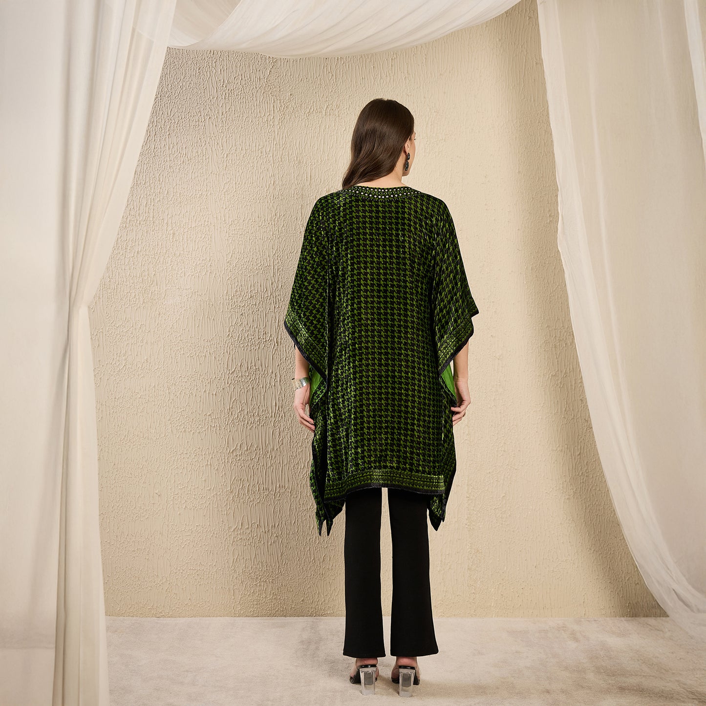 Green Crystal Embellished Houndstooth Silk Velvet Tunic