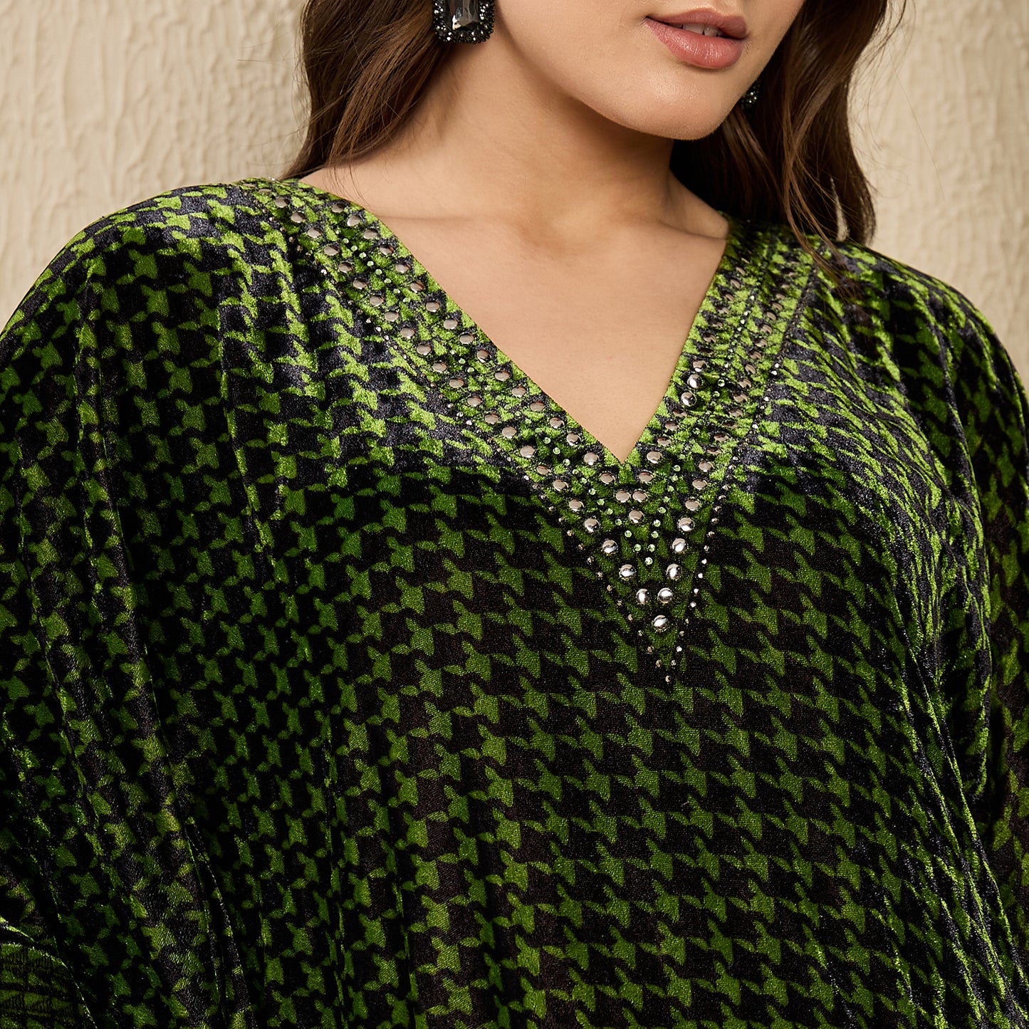 Green Crystal Embellished Houndstooth Silk Velvet Tunic