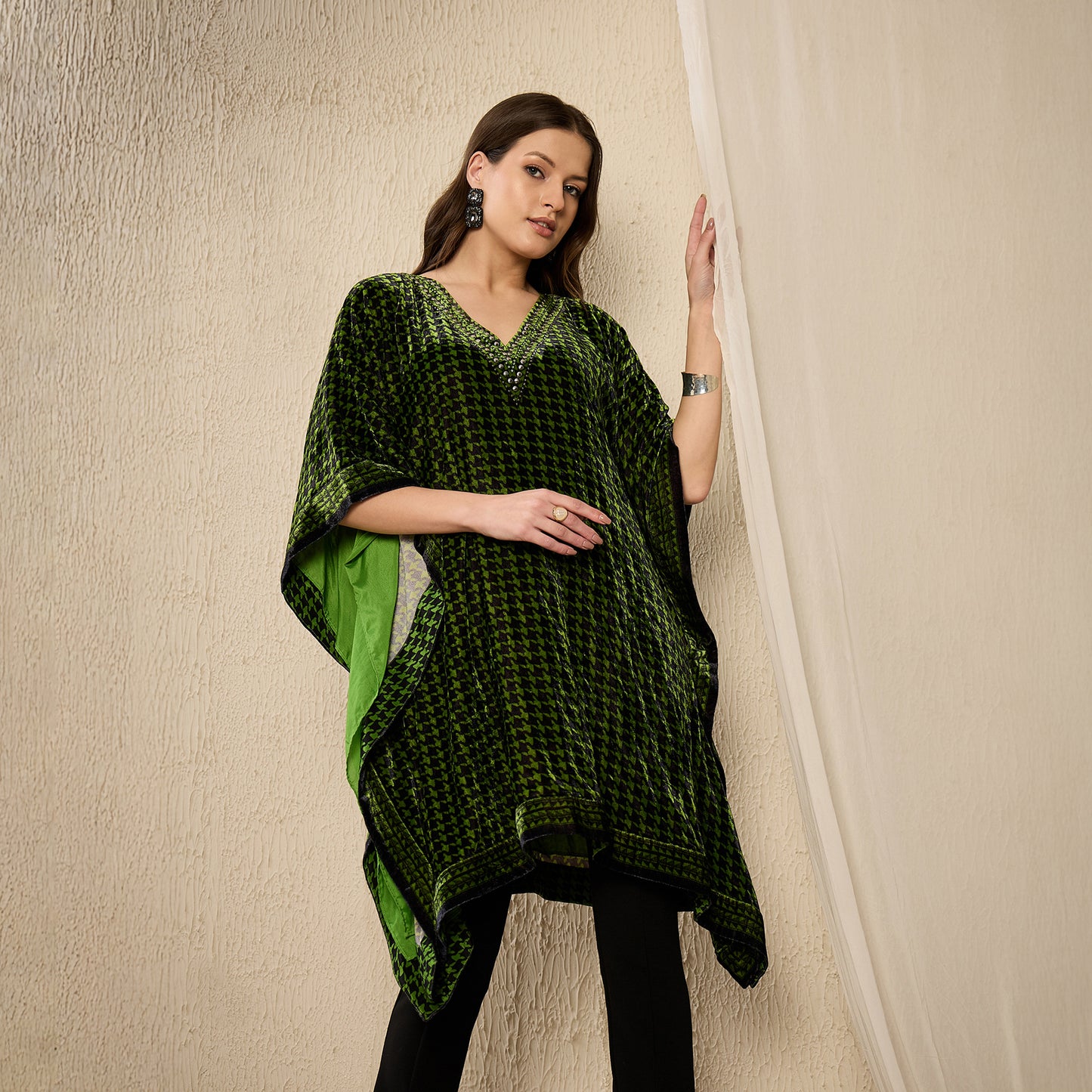 Green Crystal Embellished Houndstooth Silk Velvet Tunic