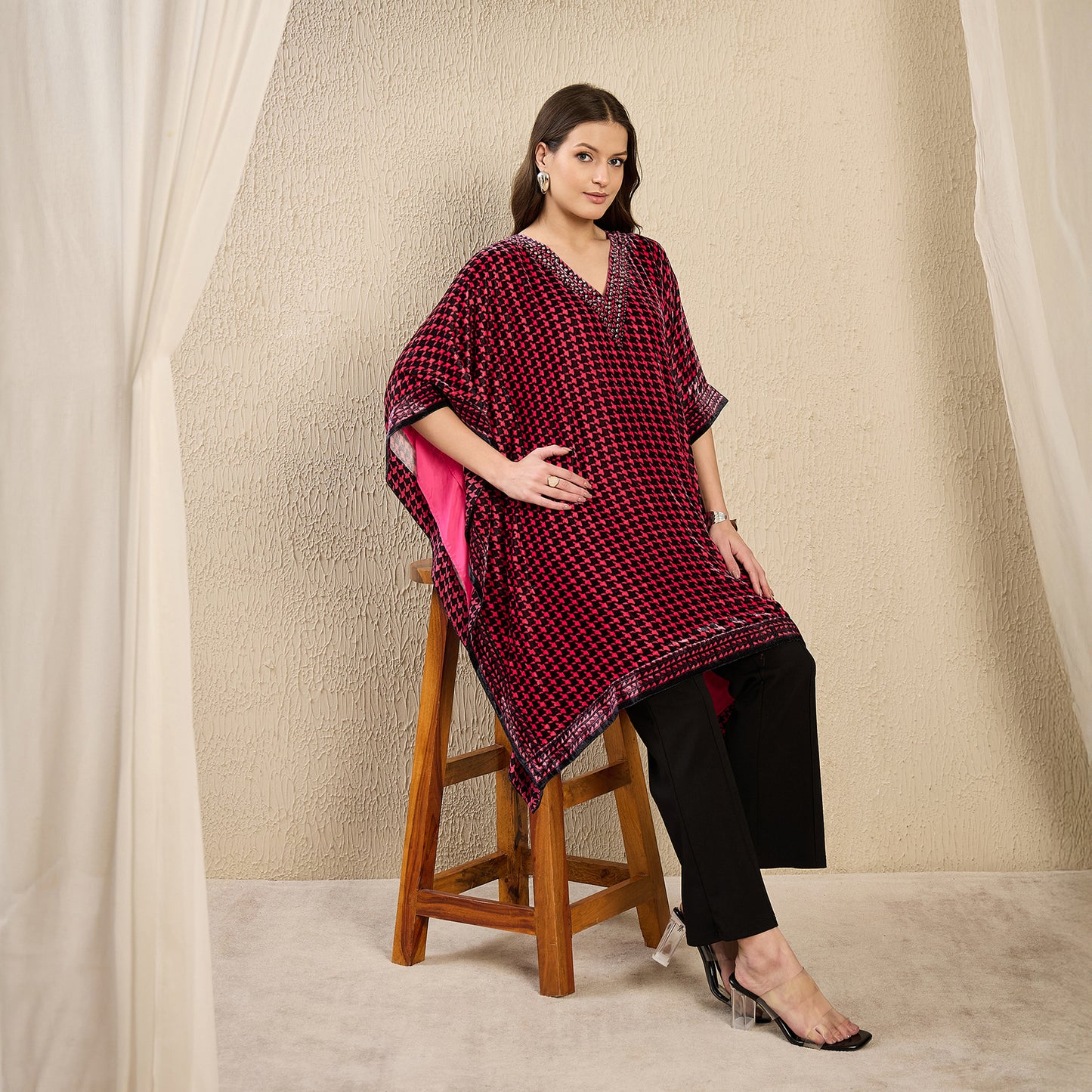 Pink Crystal Embellished Houndstooth Silk Velvet Tunic