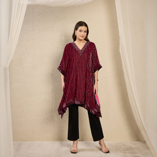 Pink Crystal Embellished Houndstooth Silk Velvet Tunic