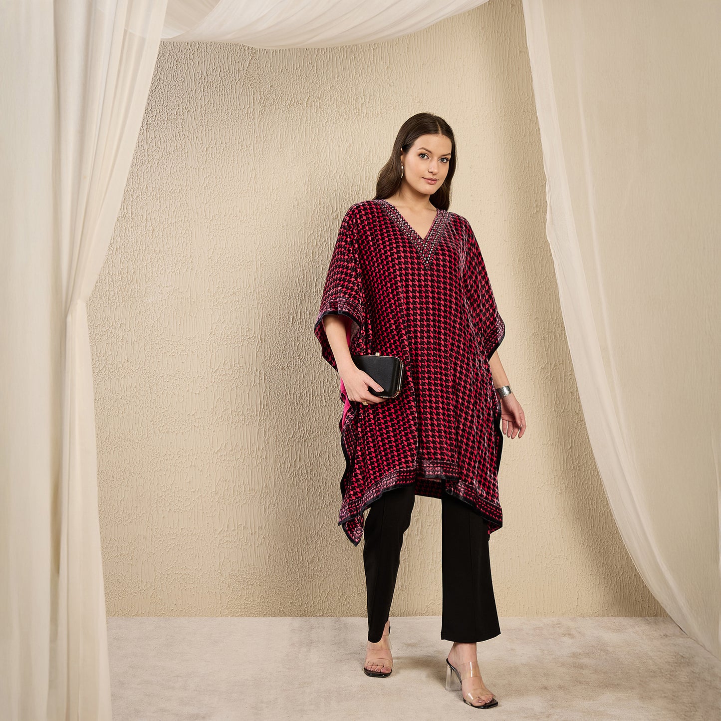 Pink Crystal Embellished Houndstooth Silk Velvet Tunic