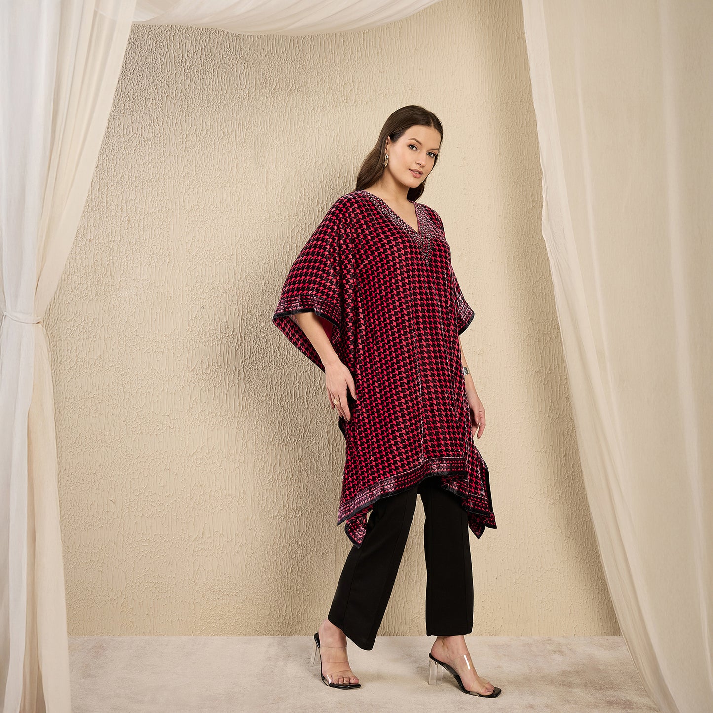Pink Crystal Embellished Houndstooth Silk Velvet Tunic