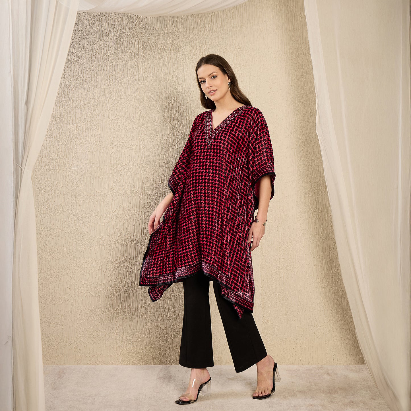 Pink Crystal Embellished Houndstooth Silk Velvet Tunic
