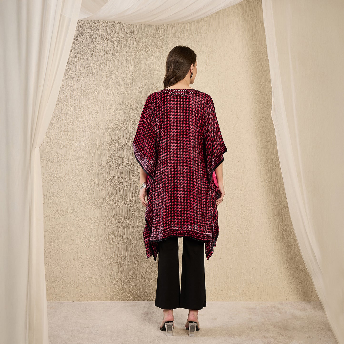 Pink Crystal Embellished Houndstooth Silk Velvet Tunic