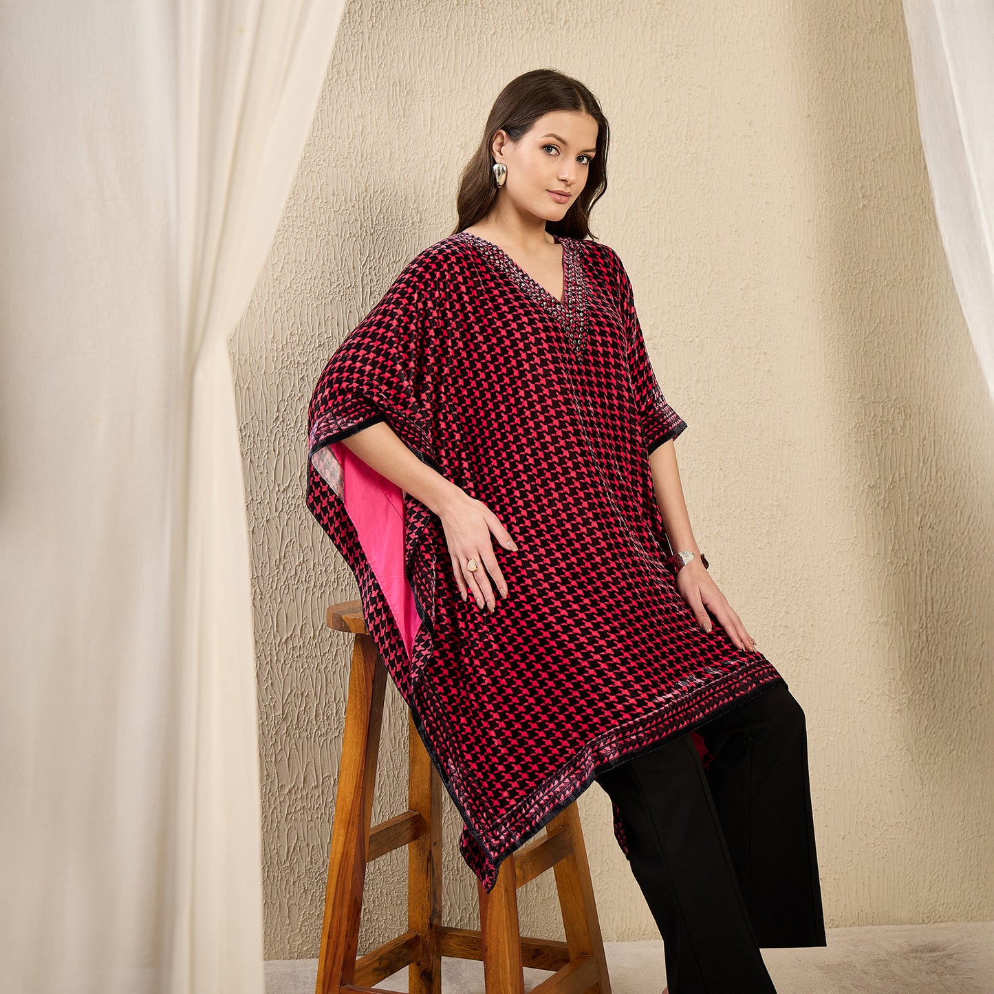 Pink Crystal Embellished Houndstooth Silk Velvet Tunic