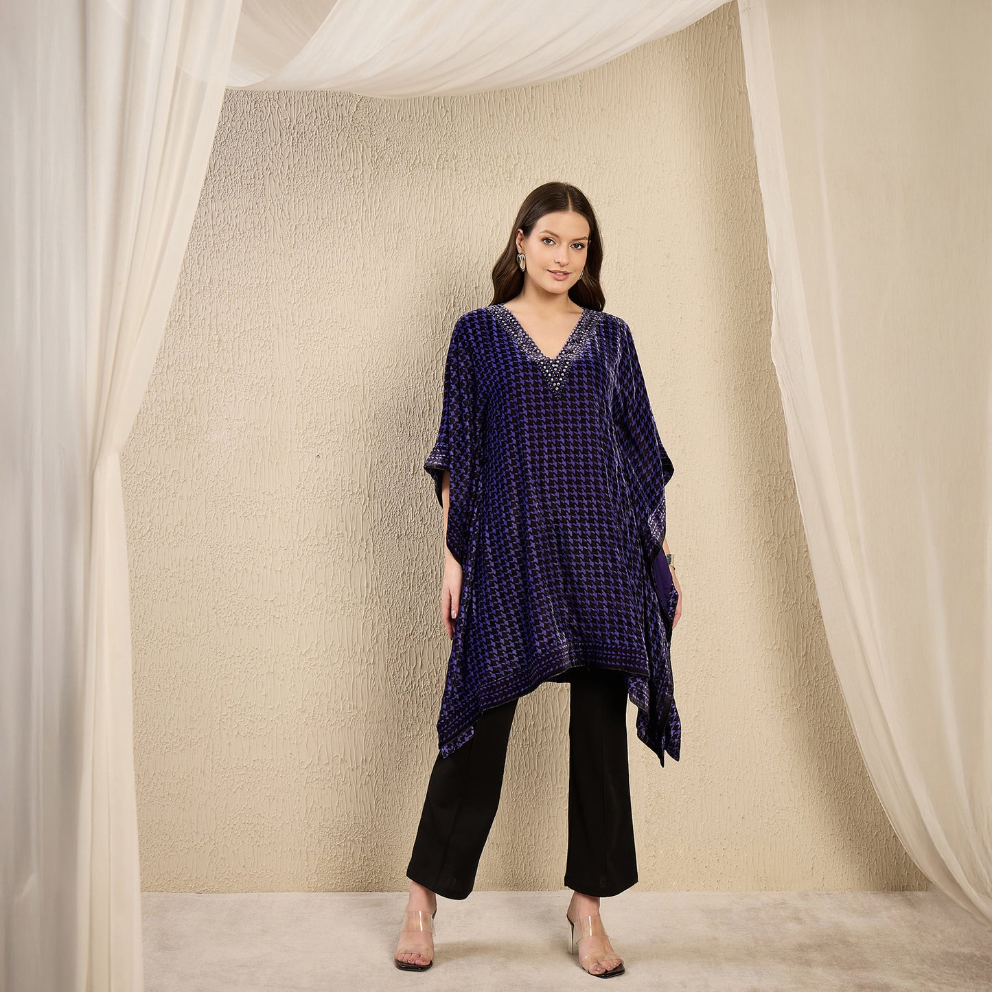 Purple Crystal Embellished Houndstooth Silk Velvet Tunic