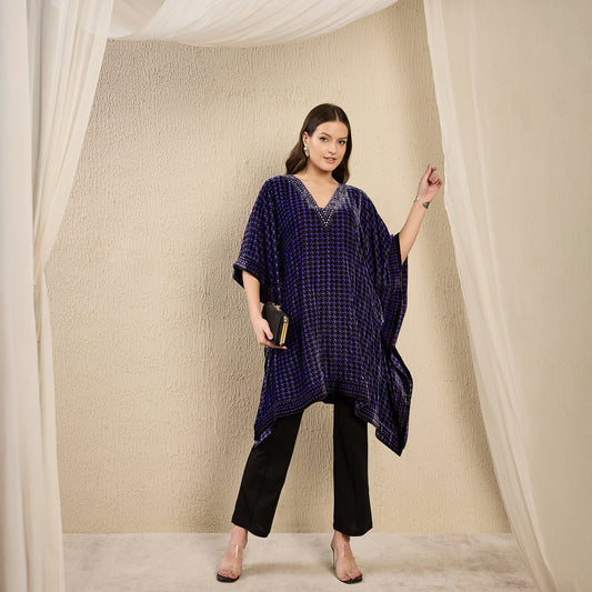 Purple Crystal Embellished Houndstooth Silk Velvet Tunic