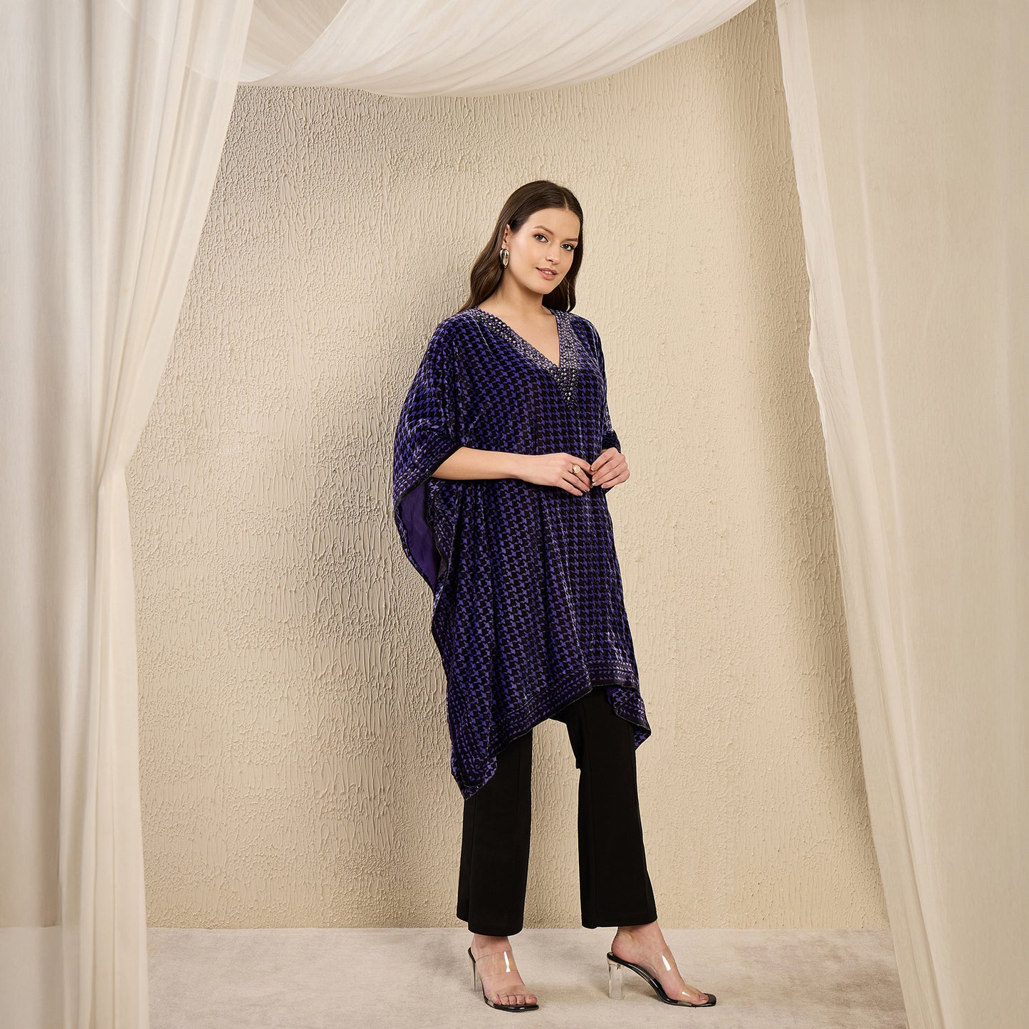 Purple Crystal Embellished Houndstooth Silk Velvet Tunic