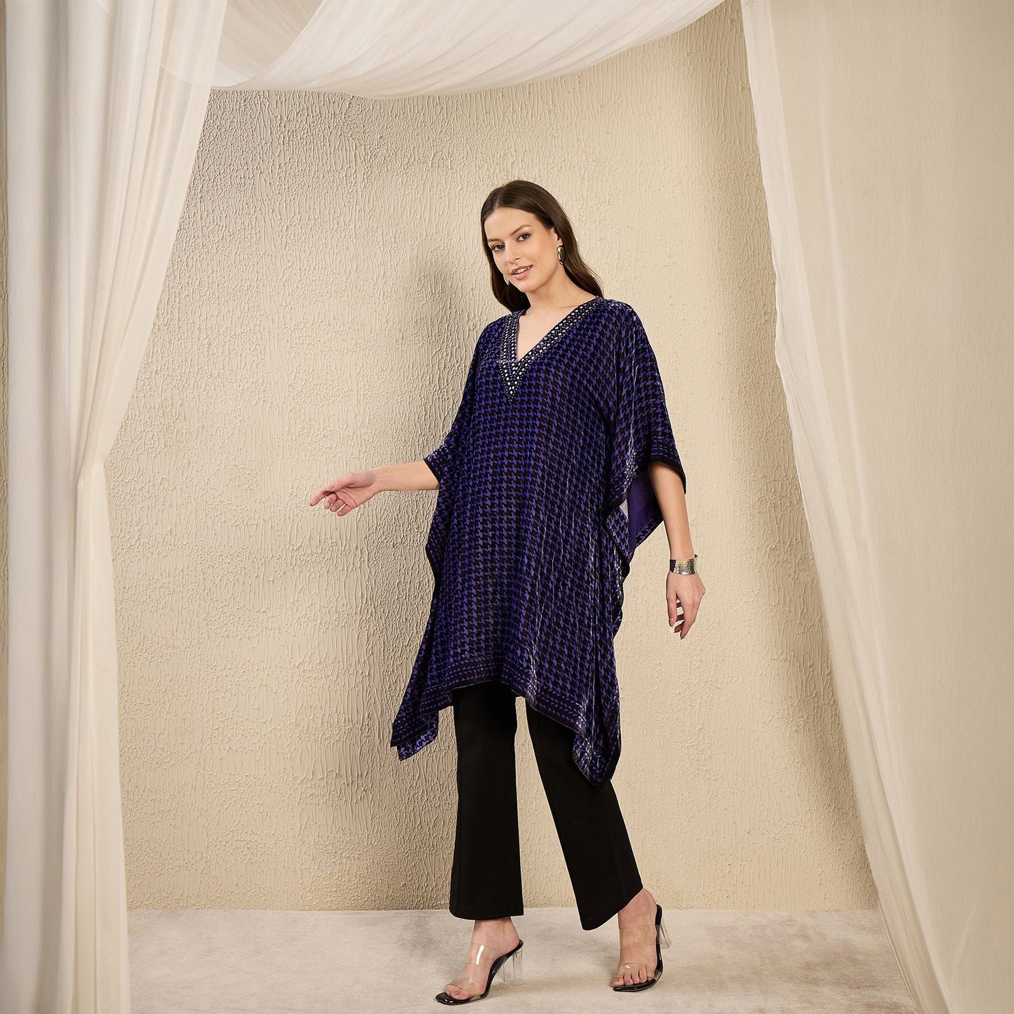Purple Crystal Embellished Houndstooth Silk Velvet Tunic