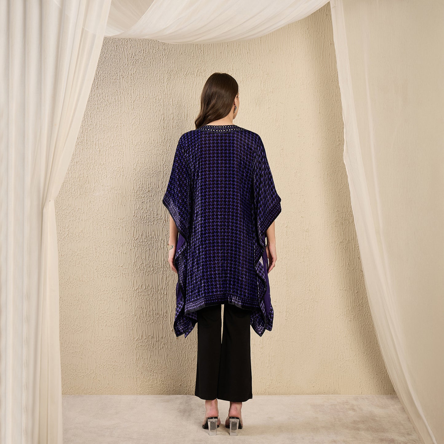 Purple Crystal Embellished Houndstooth Silk Velvet Tunic