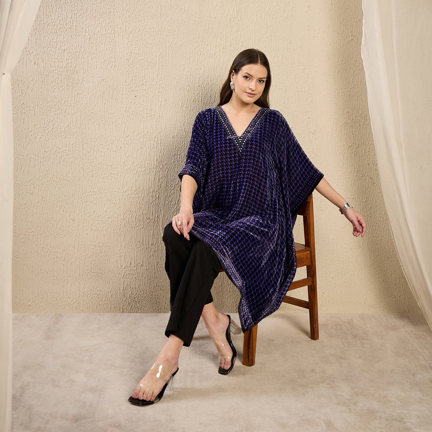 Purple Crystal Embellished Houndstooth Silk Velvet Tunic