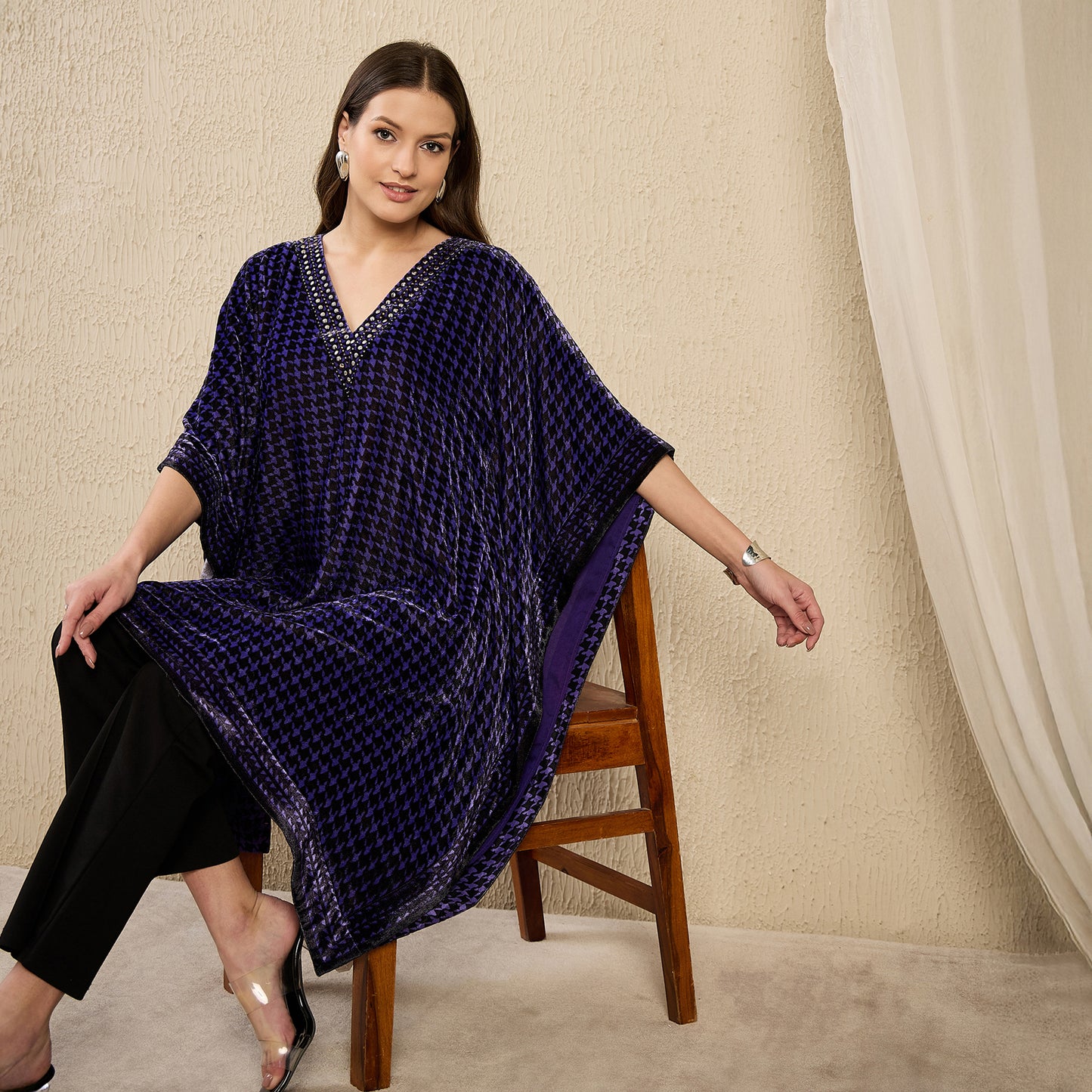 Purple Crystal Embellished Houndstooth Silk Velvet Tunic
