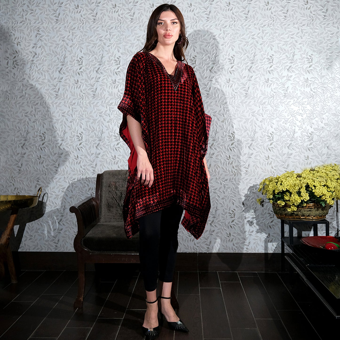 Red Crystal Embellished Houndstooth Silk Velvet Tunic