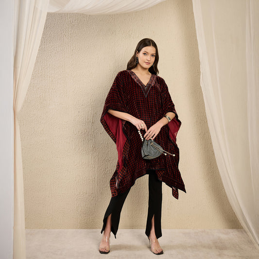 Rust Red Crystal Embellished Houndstooth Silk Velvet Tunic