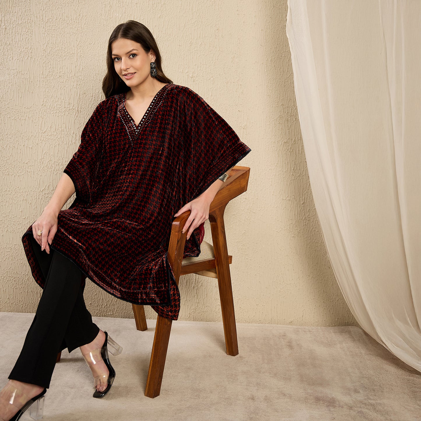 Rust Red Crystal Embellished Houndstooth Silk Velvet Tunic