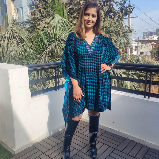 Teal Blue Crystal Embellished Houndstooth Silk Velvet Tunic