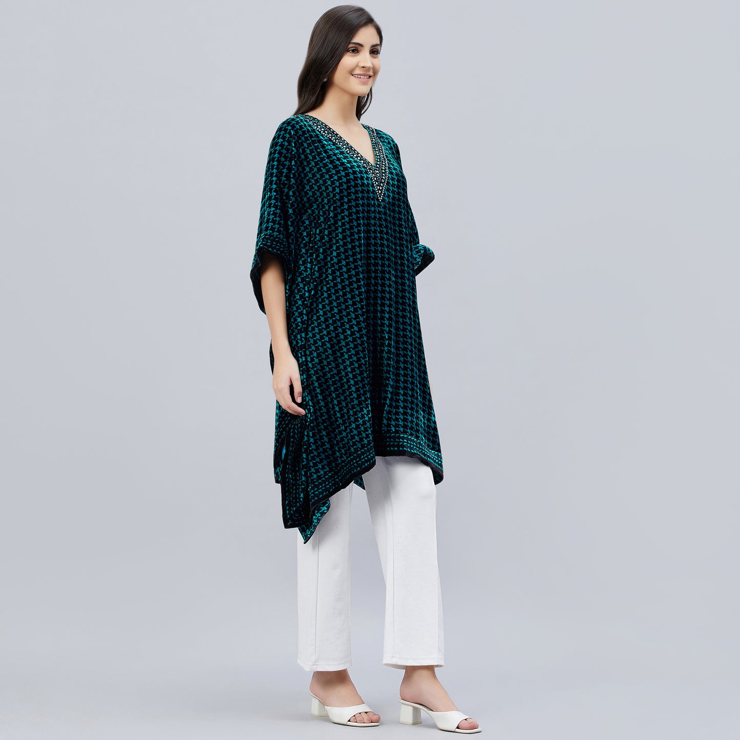 Teal Blue Crystal Embellished Houndstooth Silk Velvet Tunic