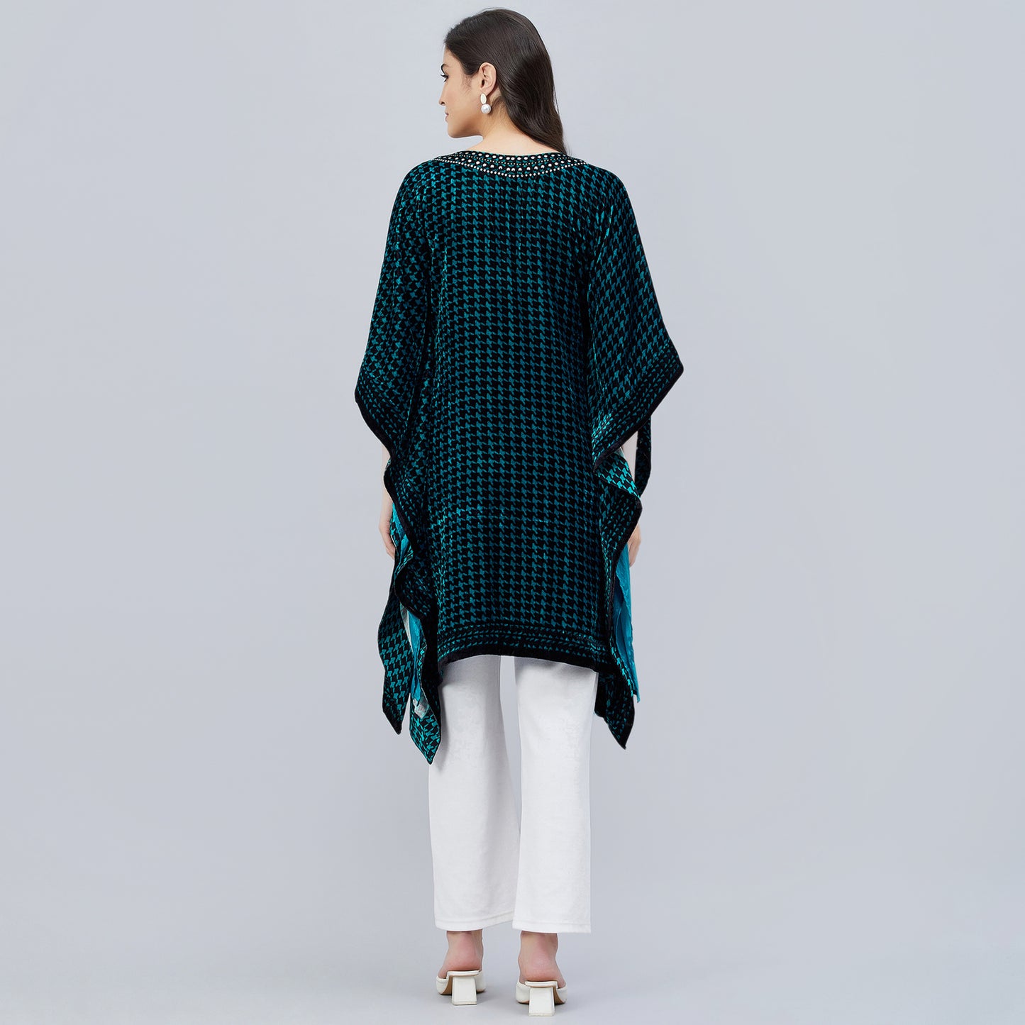 Teal Blue Crystal Embellished Houndstooth Silk Velvet Tunic