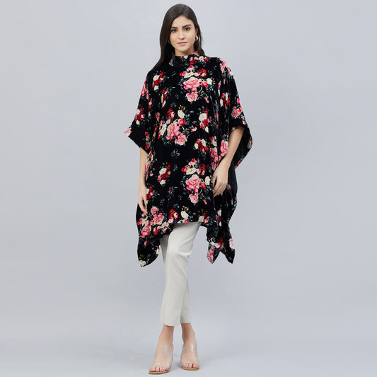 Black and Red Floral Crystal Studded Silk Velvet Tunic