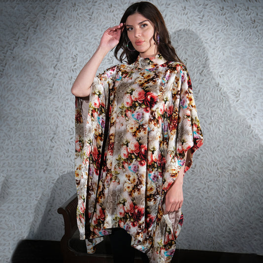 Beige Floral Crystal Studded Silk Velvet Tunic