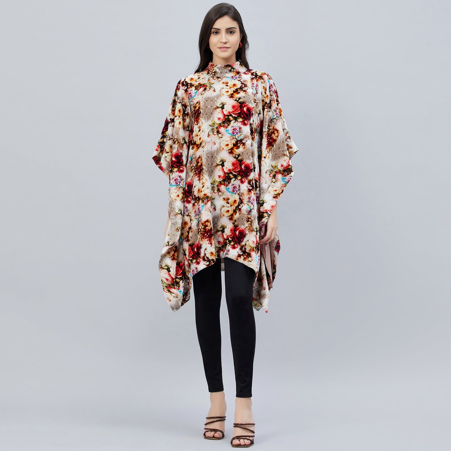 Beige Floral Crystal Studded Silk Velvet Tunic