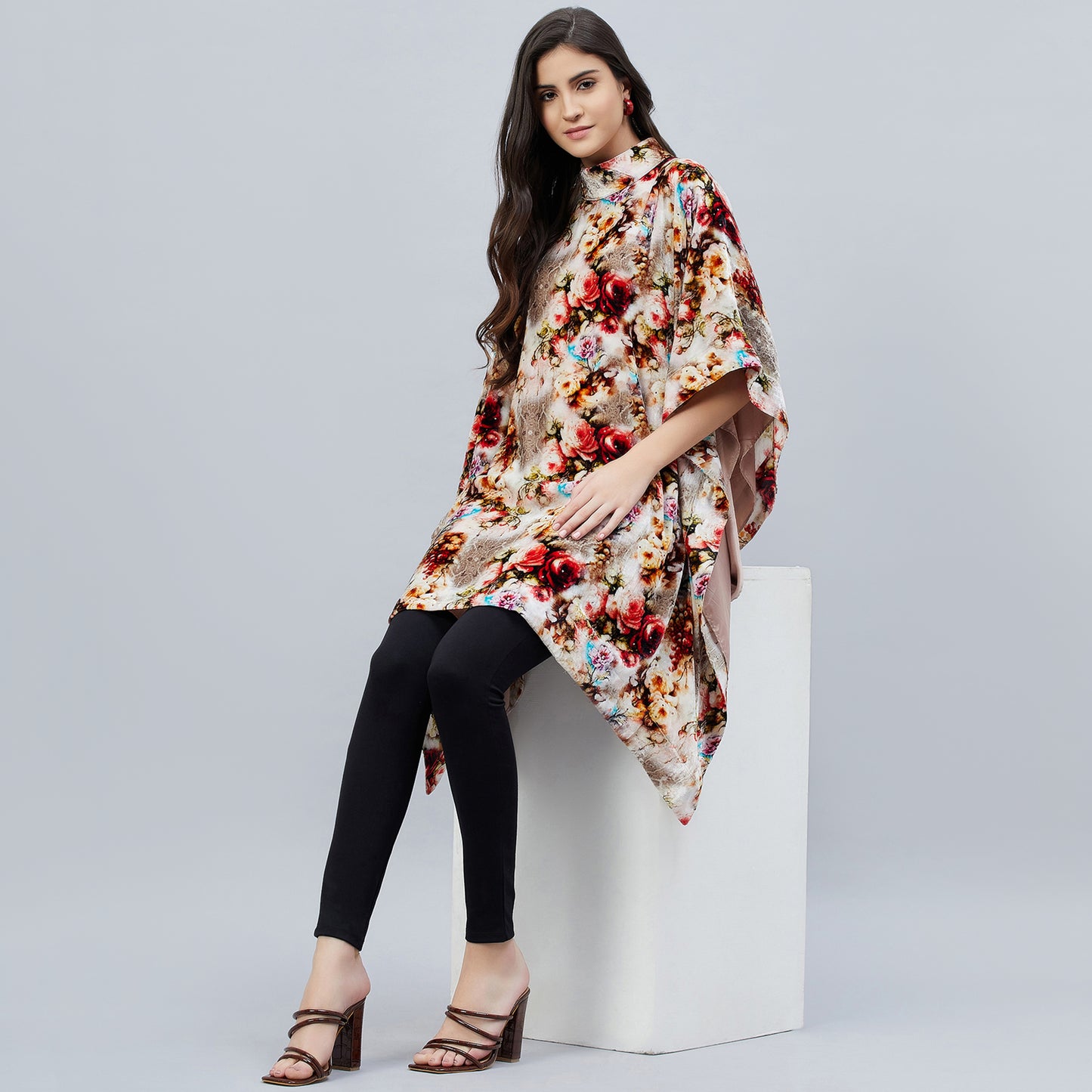 Beige Floral Crystal Studded Silk Velvet Tunic