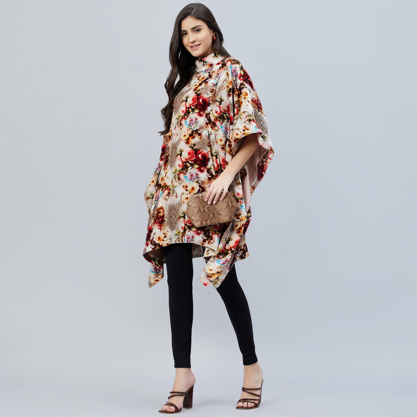 Beige Floral Crystal Studded Silk Velvet Tunic