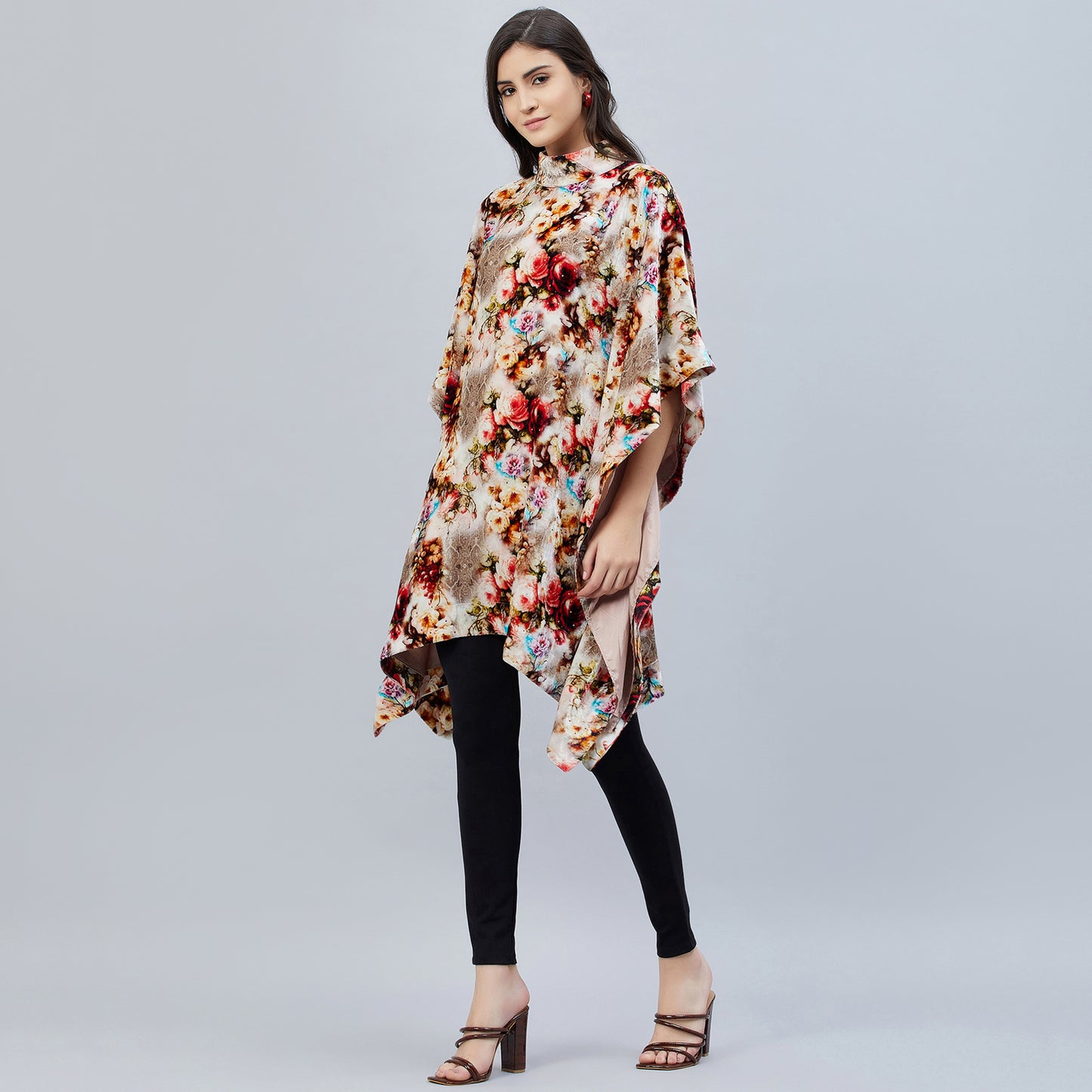 Beige Floral Crystal Studded Silk Velvet Tunic