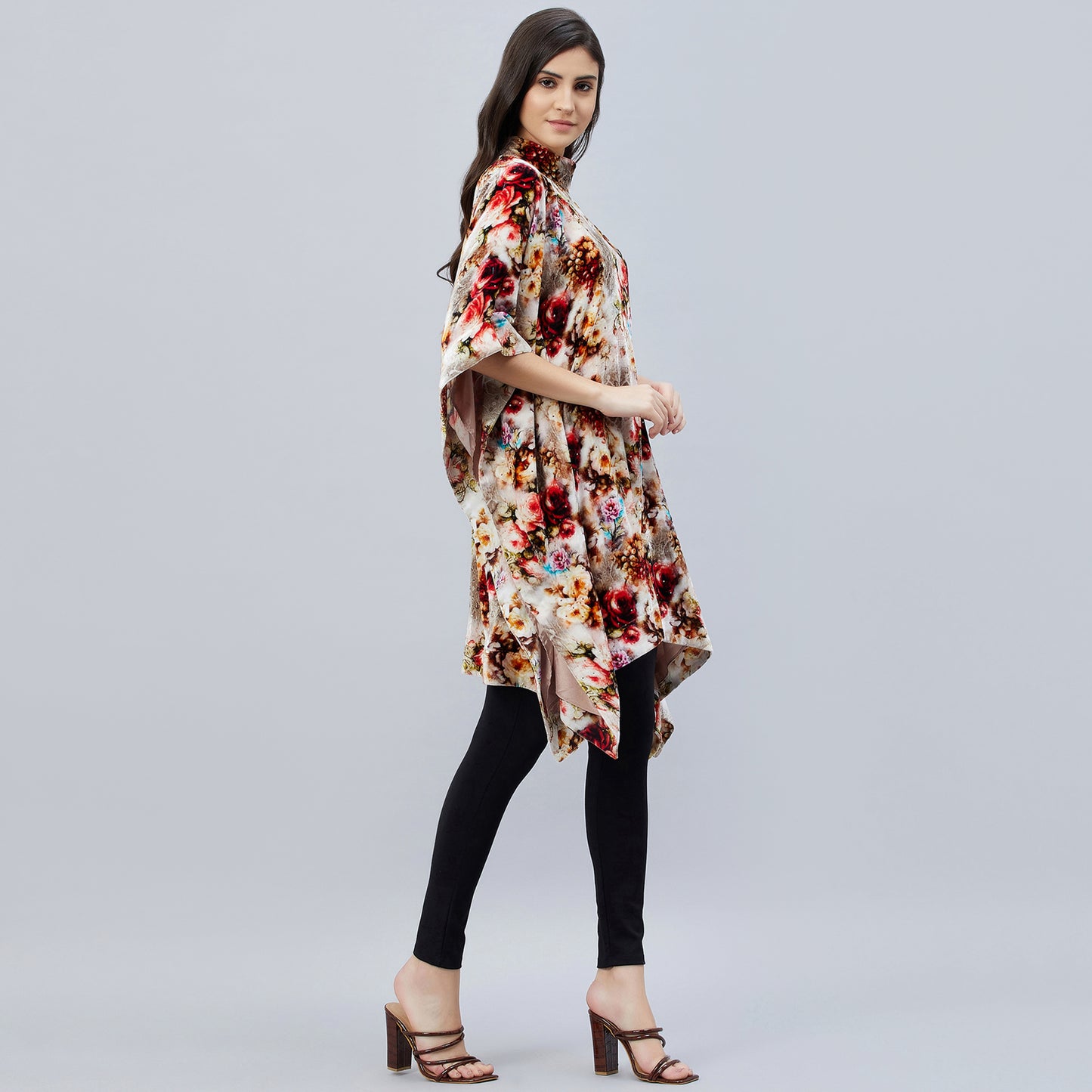 Beige Floral Crystal Studded Silk Velvet Tunic